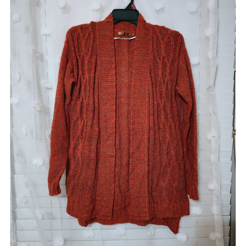 Belldini‎ Women Rustic Orange Space Dye Cable Knit Open Cardigan Sweater Large